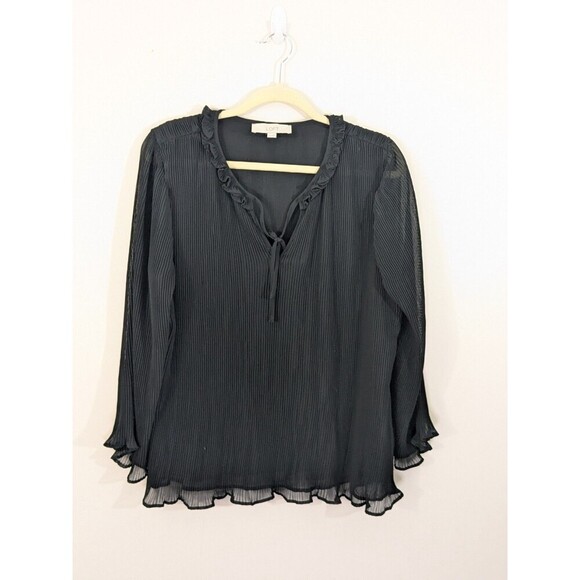 Loft Black Shear Pleated Blouse Tunic 3/4 Sleeve Ruffle Special Occasion Size XL - Picture 2 of 9
